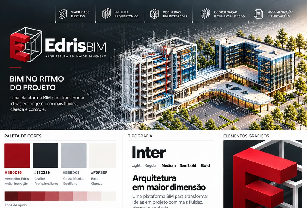 Composição visual EDRIS com edifício BIM e desenho técnico